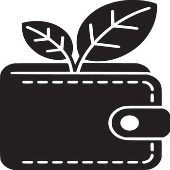 Black wallet with two green leaves sprouting from the top on a plain white background design icon vector