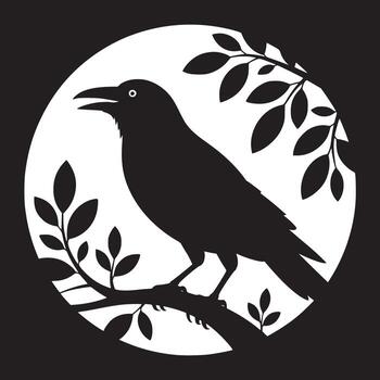 Silhouette of a crow perched on a branch against a white circle with a black background design element vector