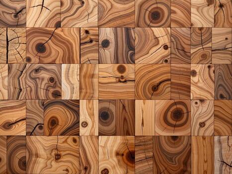 Geometric Arrangement of Natural Wooden Blocks Displaying Unique Tree Ring Patterns photo