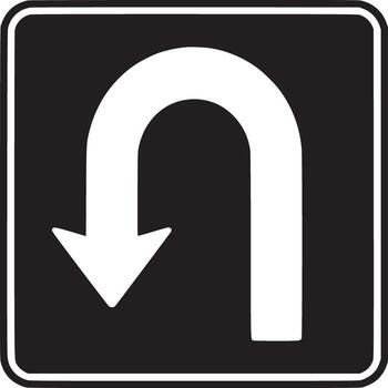 A black square sign with rounded corners featuring a white u turn arrow pointing downwards in the center vector