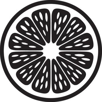 Black and white graphic illustration of a sliced citrus fruit with visible segments and seeds vector