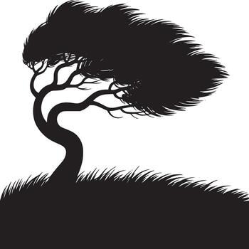Silhouette of windswept tree on a hill with grass against a white background in monochrome art style vector