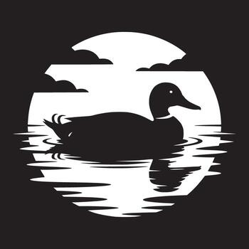 A black silhouette of a duck swimming on water with a white circle and clouds in the background vector