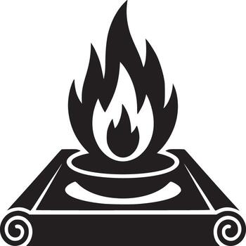 A black and white graphic of a flame on a stand with scroll like edges in a simple design style vector