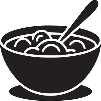 A black and white illustration of a bowl of soup with a spoon resting inside on a white background vector