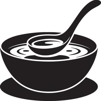 A black and white image of a bowl of soup with a spoon resting inside it on a white background vector