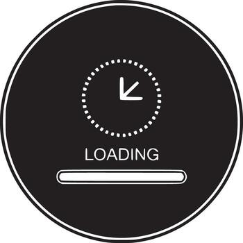 A black circle with a loading icon inside, featuring a clock and a progress bar on a white background vector