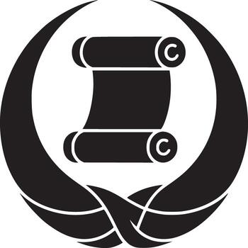 A black and white illustration of a scroll enclosed in a crescent moon shape with woven details below vector