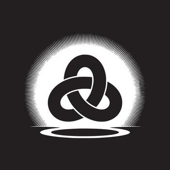 A black and white image of a triquetra knot with a radiating light background and a shadow below vector