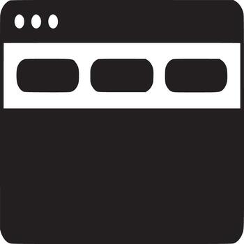 A simple black and white illustration of a browser window with three circular icons at the top vector