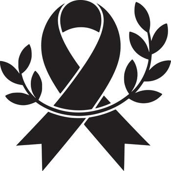 A black ribbon with a branch of leaves on a white background in a simple graphic illustration vector