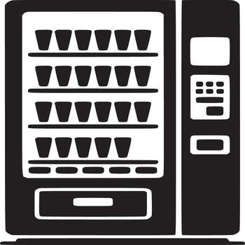 A black and white vending machine filled with cups displayed on shelves in a minimalist style graphic vector