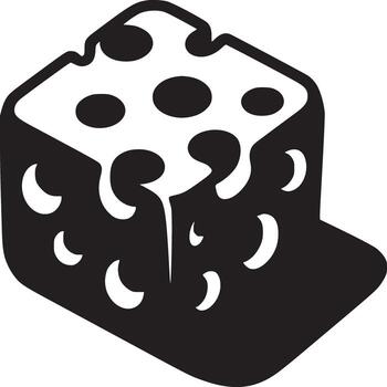 A black and white graphic illustration of a cube with holes and a shadow on a white background vector