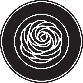 A black circle containing a white rose like design with a white background in a minimalist style vector