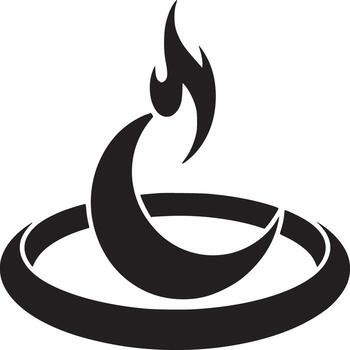 Black and white minimalist design featuring a flame above a crescent moon within a circle shape vector