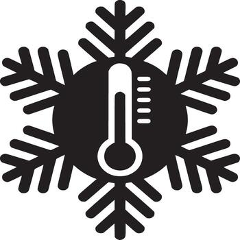 Black and white graphic of a snowflake with a thermometer in the center on a white background vector