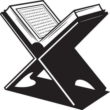 A black and white illustration of an open book on a stand with wavy lines on the pages inside it vector
