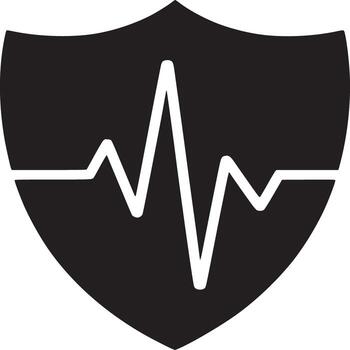 Black shield with a white heartbeat line running horizontally across the center of the shield design vector