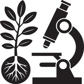 un gráfico ilustración de un planta con raíces siguiente a un microscopio en negro y blanco diseño estilo vector