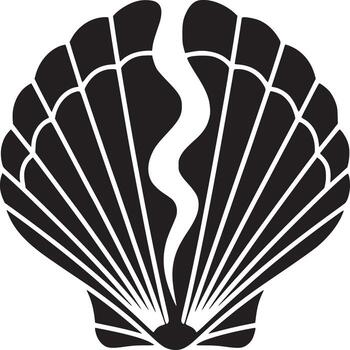 A stylized black and white illustration of a seashell with a wavy line in the center of the shell vector