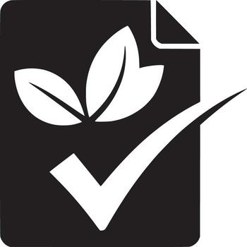 Black document with leaves and check mark indicating approval on a white background simple design vector