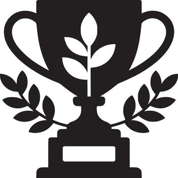 A black and white trophy with leaves and handles on a white background in a simple illustration vector