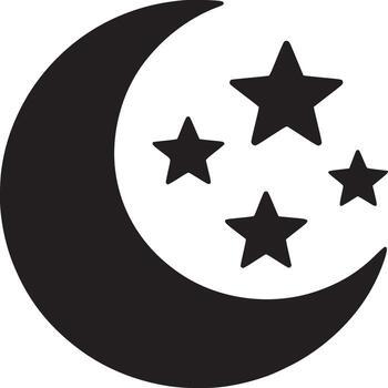 A graphic illustration of a crescent moon shape with four stars in black and white color scheme vector