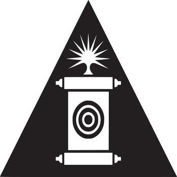 A black triangle containing a white scroll with a target and a sunburst on a white background vector