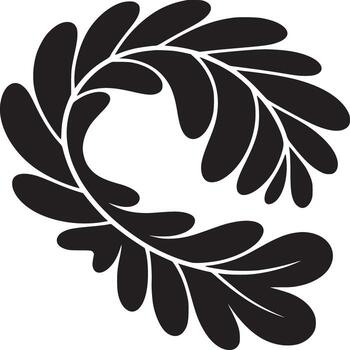 A black and white illustration of a curving leafy branch on a white background in a minimalist style vector