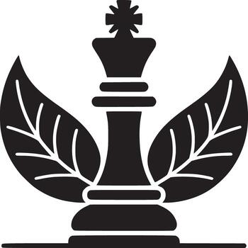 A black chess king piece with two leaves behind it in a symmetrical design on a white background vector