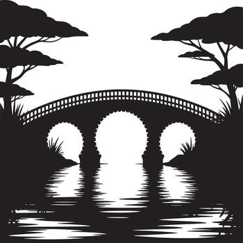 un monocromo silueta de un puente terminado agua con arboles en cualquiera lado en contra un blanco antecedentes vector