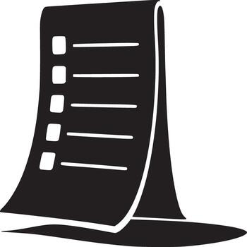 negro y blanco ilustración de un Lista de Verificación con cajas y líneas en un papel documento en pie arriba vector