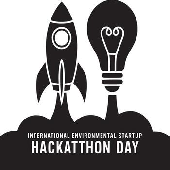 A black and white graphic of a rocket and a lightbulb for environmental startup hackathon day vector
