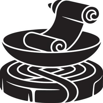 Black and white graphic of a scroll in a bowl on top of a coiled object on a white background vector