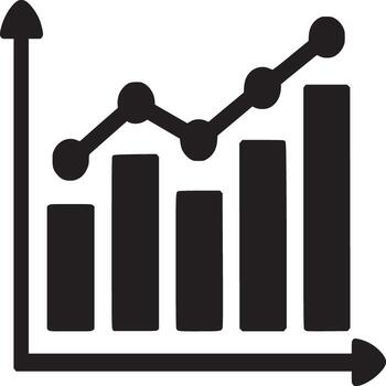 A black and white graph showing an upward trend with bars and a line with circular points graph icon vector