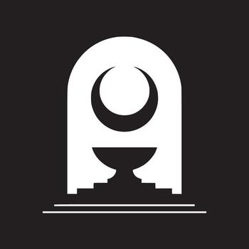 A minimalist design featuring a crescent moon above a chalice within an arched doorway on black background vector