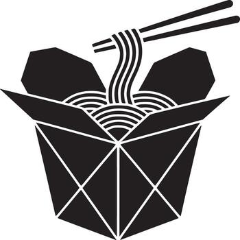 Black and white graphic of a takeout box filled with noodles and chopsticks on a white background vector