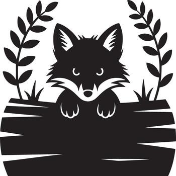 A black and white graphic illustration of a fox peeking over a log with leafy branches on either side vector