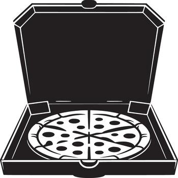 Black and white graphic of a pizza in an open pizza box with visible slices and toppings design vector