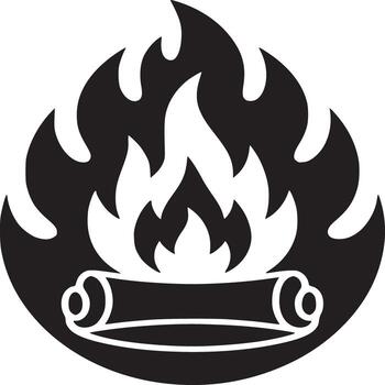 A black and white graphic depiction of a burning scroll with flames on a white background isolated vector