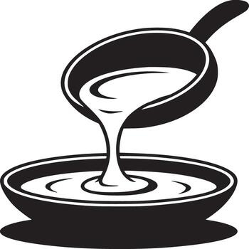 Black and white illustration of liquid being poured from a pan into a bowl with a simple design vector