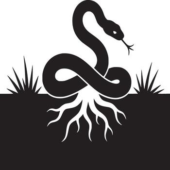 A black and white image of a snake with roots and grass on a split background illustration style vector