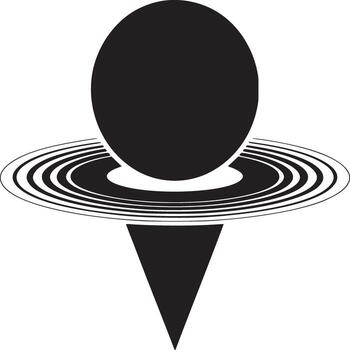 A black circle above concentric rings with a black triangle pointing down on a white background vector
