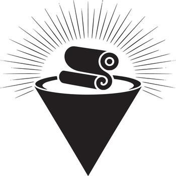 A black and white graphic of scrolls in a cone with radiating lines above it on a white background vector