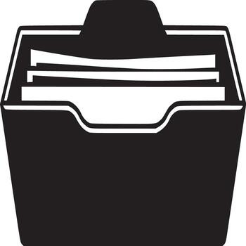 A black and white graphic of a file tray filled with documents on a white background design vector