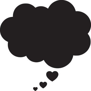 Black thought bubble with three black hearts of varying sizes on a plain white background simple design vector