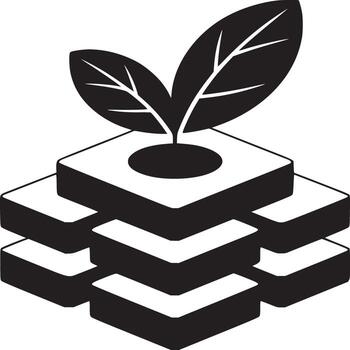 A black and white illustration of a plant growing out of a stack of square blocks in isometric view vector