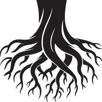 A stark black and white illustration of a tree trunk and root system on a plain white background art vector