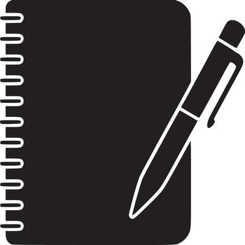 A black and white image of a notebook with a spiral binding and a pen resting on the notebook cover vector
