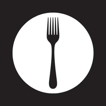 A minimalistic image of a black fork centered inside a white circle against a black background plain design vector